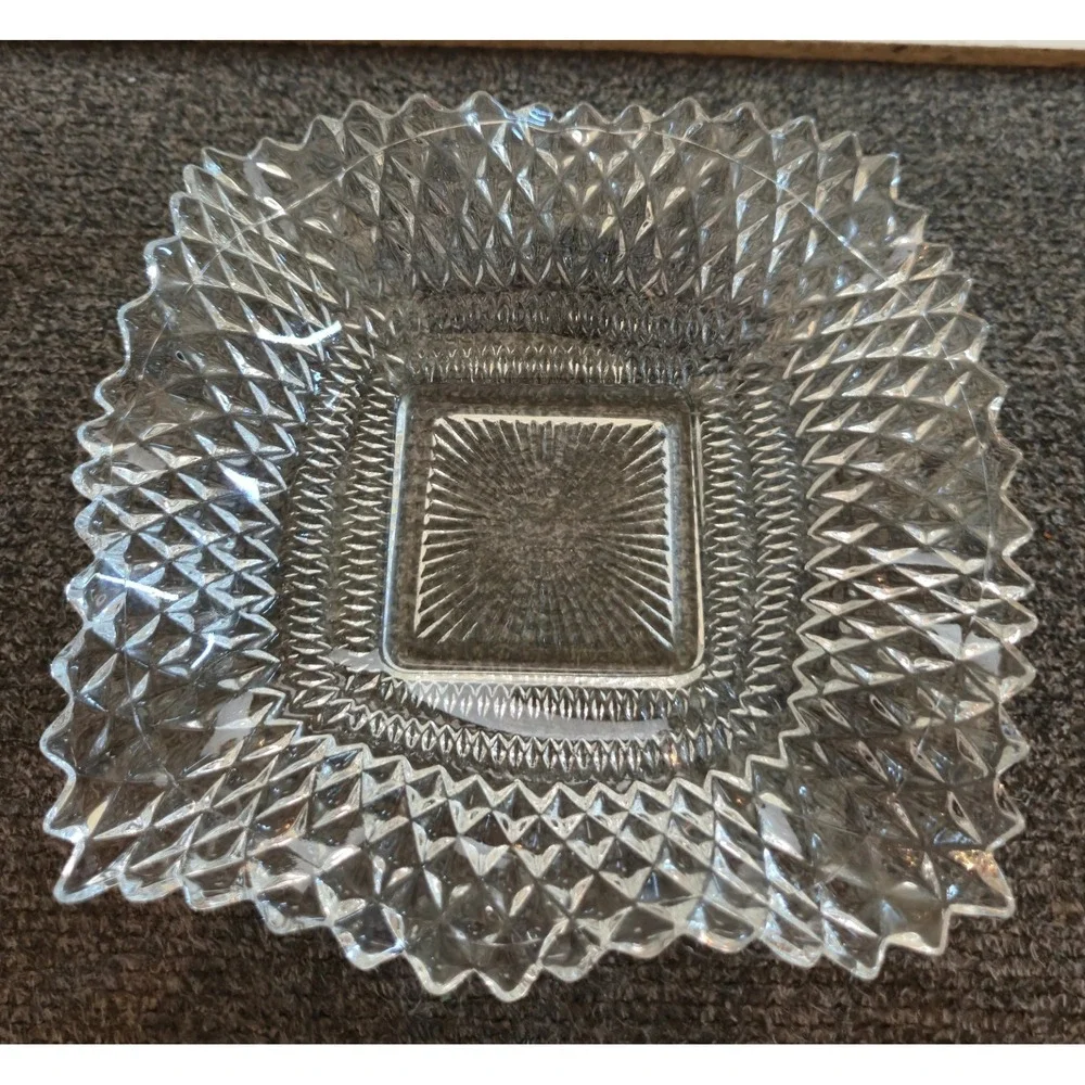 Vtg Clear Glass Imperial Diamond Point Ruffled Edge Candy Dish 7
